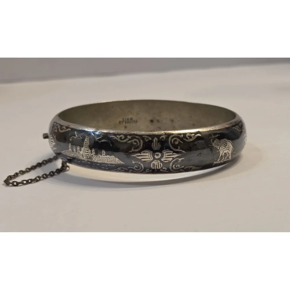 Ornate Antique Sterling Silver Siam Hinge Bangle Bracelet Pre Thailand 8